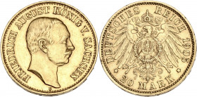 Allemagne, Saxe, Frédéric Auguste III - 20 mark 1905 E (Dresde) 

or - 7,94 grs - 22,5 mm
AKS.182
TTB
