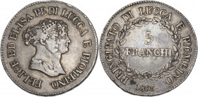 Italie, Lucques et Piombino - 5 Franchi 1805 (Florence) 

Argent - 24,77 grs - 37,5 mm
Montenegro.432
TTB- 

Exemplaire recouvert d'une patine grise.