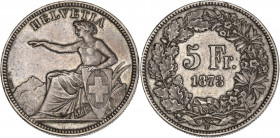 Suisse - 5 francs 1873 B (Bern) 

Argent - 25,02 grs - 37 mm
HMZ2-1197
TTB / TTB+
RRR

Très rare millésime. Bel exemplaire recouvert d'une patine gris...
