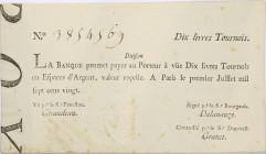 France, Banque de Law - 10 livres tournois typographié 1er juillet 1720 
Type avec Divifion et Efpeces (E majuscule). 
Numéro 3854569.
Signatures : Gi...
