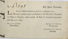France, Banque de Law - 10 livres tournois typographié 2 septembre 1720 
Type avec "Seconde Divifion Ordonnée par Arreft du 2 septembre 1720". 
Numéro...