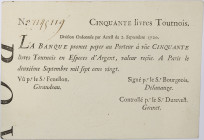 France, Banque de Law - 50 livres tournois typographié 2 septembre 1720 
Numéro 1145119.
Signatures : Giraudeau, Delanauze et Granet

Doreau.24 / Lafa...