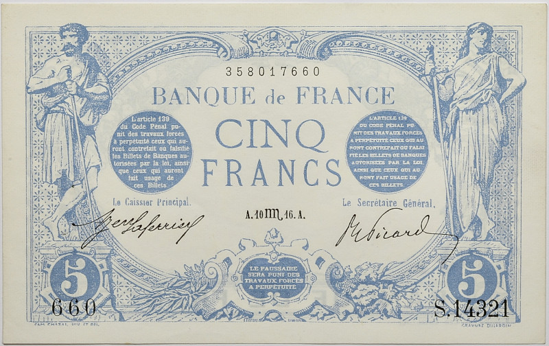 France - 5 francs Bleu 10 octobre 1916 
Alphabet S.14321 / Numéro 660

F.02.44
S...