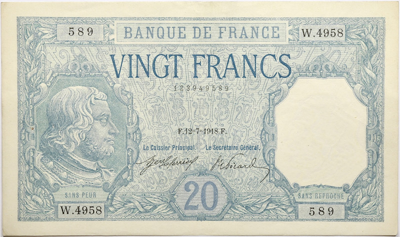 France - 20 francs Bayard 12 juillet 1918 
Alphabet W.4958 / Numéro 589

F.11.03...