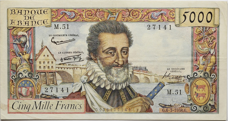 France - 5000 francs Henri IV 6 mars 1958 
Alphabet M.51 / Numéro 27141

F.49.06...