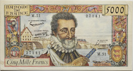 France - 5000 francs Henri IV 6 mars 1958 
Alphabet M.51 / Numéro 27141

F.49.06
TTB

Billet qui a beaucoup circulé avec une grosse vingtaine de trous...