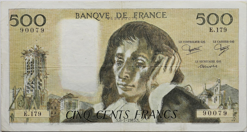 France - 500 francs Pascal 6 janvier 1983 - Fauté 
Alphabet E.179 / Numéro 90079...