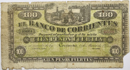 Argentine, Banque de Corrientes - 100 pesos 15 mars 1873 
Non signé !

AB

Semble très rare, billet non signé. Petit état (nombreux manques).