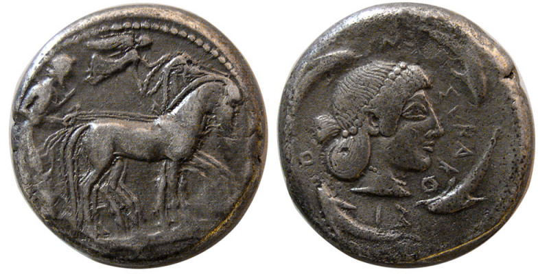 SICILY, Syracuse. 485-456 BC. AR Tetradrachm (17.22 gm; 23 mm). Quadriga with ch...