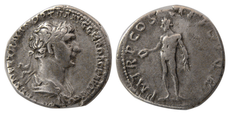 ROMAN EMPIRE. Trajan. 98-117 AD. AR Denarius (3.06 gm; 18 mm). IMP TRAIANO AVG G...