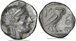 ATTICA. Athens. Ca. 440-404 BC. AR tetradrachm (24mm, 17.08 gm, 7h). NGC Choice AU 5/5 - 4/5. Mid-mass coinage issue. Head of Athena right, wearing ea...