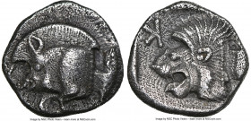 MYSIA. Cyzicus. Ca. 5th century BC. AR obol(?) (9mm, 12h). NGC XF. Forepart of boar left, tunny upward behind / Head of roaring lion left within squar...