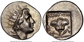 CARIAN ISLANDS. Rhodes. Ca. 88-84 BC. AR drachm (15mm, 12h). NGC AU. Plinthophoric standard, Nicagoras, magistrate. Radiate head of Helios right / NIK...