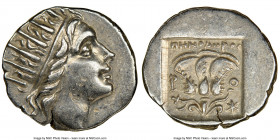 CARIAN ISLANDS. Rhodes. Ca. 88-84 BC. AR drachm (16mm, 11h). NGC AU. Plinthophoric coinage, Menodorus, magistrate. Radiate head of Helios right / MHNO...