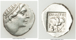 CARIAN ISLANDS. Rhodes. Ca. 88-84 BC. AR drachm (16mm, 2.86 gm, 12h). Choice XF. Plinthophoric standard, Callixei(nos), magistrate. Radiate head of He...
