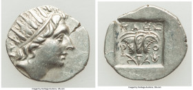 CARIAN ISLANDS. Rhodes. Ca. 88-84 BC. AR drachm (18mm, 1.84 gm, 12h). Choice XF. Plinthophoric standard, Maes, magistrate. Radiate head of Helios righ...