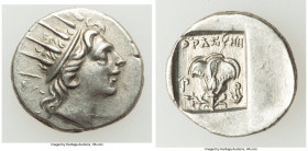 CARIAN ISLANDS. Rhodes. Ca. 88-84 BC. AR drachm (16mm, 2.49 gm, 2h). Choice XF. Plinthophoric standard, Thrasymedes, magistrate. Radiate head of Helio...