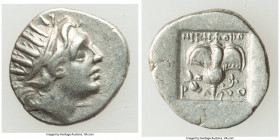 CARIAN ISLANDS. Rhodes. Ca. 88-84 BC. AR drachm (15mm, 2.28 gm, 12h). XF. Plinthophoric standard, Nicephorus, magistrate. Radiate head of Helios right...