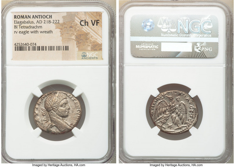 SYRIA. Antioch. Elagabalus (AD 218-222). BI tetradrachm (25mm, 12h). NGC Choice ...