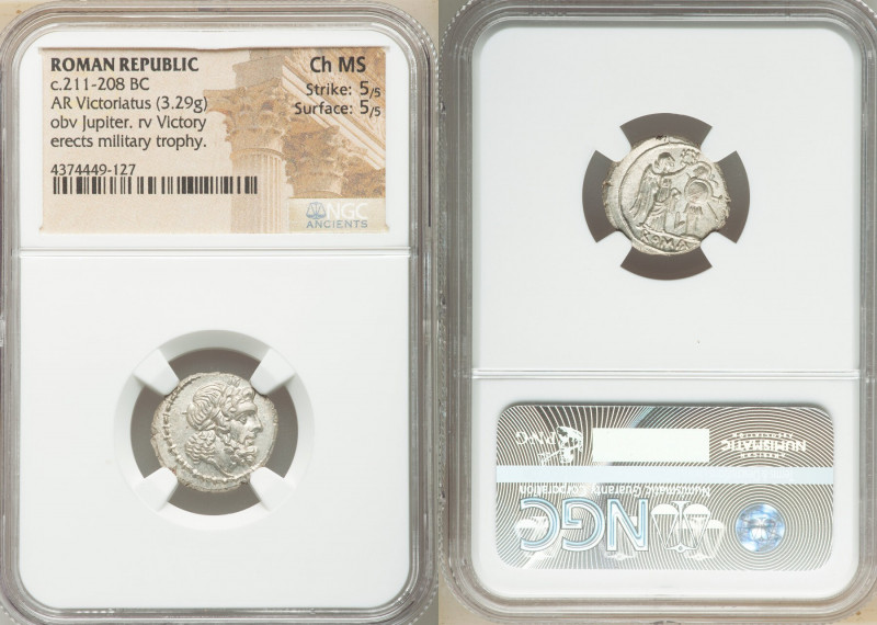 Anonymous. Ca. 211-208 BC. AR victoriatus (17mm, 3.29 gm, 7h). NGC Choice MS 5/5...