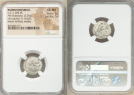 Anonymous. Ca. 211-208 BC. AR victoriatus (17mm, 3.29 gm, 7h). NGC Choice MS 5/5 - 5/5. Laureate head of Jupiter right; dotted border / ROMA, Victory ...