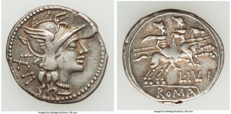 L. Julius (ca. 141 BC). AR denarius (20mm, 3.32 gm, 4h). VF. Rome. Head of Roma ...