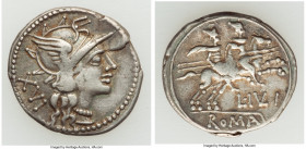 L. Julius (ca. 141 BC). AR denarius (20mm, 3.32 gm, 4h). VF. Rome. Head of Roma right, wearing winged helmet decorated with griffin crest; XVI (mark o...