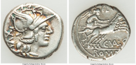 C. Valerius C.f. Flaccus (140 BC). AR denarius (18mm, 3.97 gm, 7h). Choice VF. Rome. Head of Roma right, wearing winged helmet decorated with griffin ...
