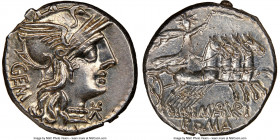 M. Aburius Geminus (ca. 132 BC). AR denarius (18mm, 3.94 gm, 1h). NGC MS 4/5 - 5/5, adjusted flan. Rome. GEM, head of Roma right, wearing winged helme...