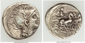 Titus Manlius Mancius, Appius Claudius Pulcher, and Q. Urbinius, moneyers (111-110 BC). AR denarius (16mm, 3.07 gm, 7h). XF. Rome. Head of Roma right,...