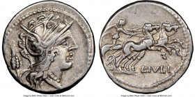 L. Julius (ca. 101 BC). AR denarius (19mm, 11h). NGC XF. Rome. Head of Roma right, wearing winged helmet decorated with griffin crest; grain ear behin...