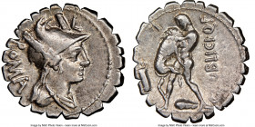 C. Poblicius Q.f. (ca. 80 BC). AR denarius serratus (20mm, 9h). NGC Choice VF. ROMA, draped bust of Roma right, wearing Apulo-Corinthian helmet with e...