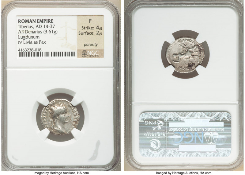 Tiberius (AD 14-37). AR denarius (19mm, 3.61 gm, 3h). NGC Fine 4/5 -2/5, porosit...