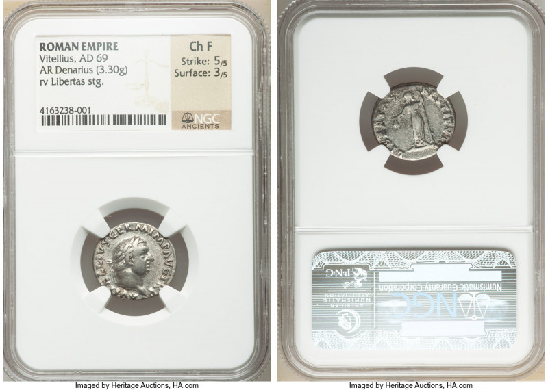 Vitellius (16 April-22 December AD 69). AR denarius (18mm, 3.30 gm, 6h). NGC Cho...