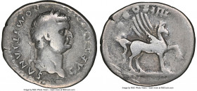 Domitian, as Caesar (AD 81-96). AR denarius (20mm, 2.99 gm, 6h). NGC Fine 4/5 - 4/5. Rome, AD 76. CAESAR AVG F-DOMITIANVS, laureate head of Domitian r...