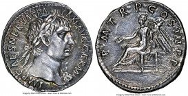Trajan (AD 98-117). AR denarius (18mm, 3.19 gm, 8h). NGC Choice AU 5/5 - 1/5, scratches, polished. Rome, AD 100. IMP CAES NERVA TRAIAN AVG GERM, laure...