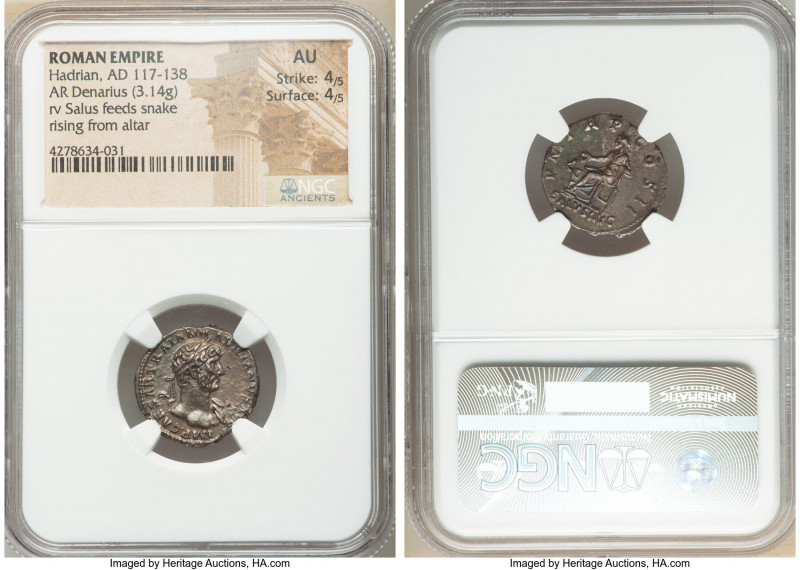 Hadrian (AD 117-138). AR denarius (18mm, 3.14 gm, 7h). NGC AU 4/5 - 4/5. Rome, A...