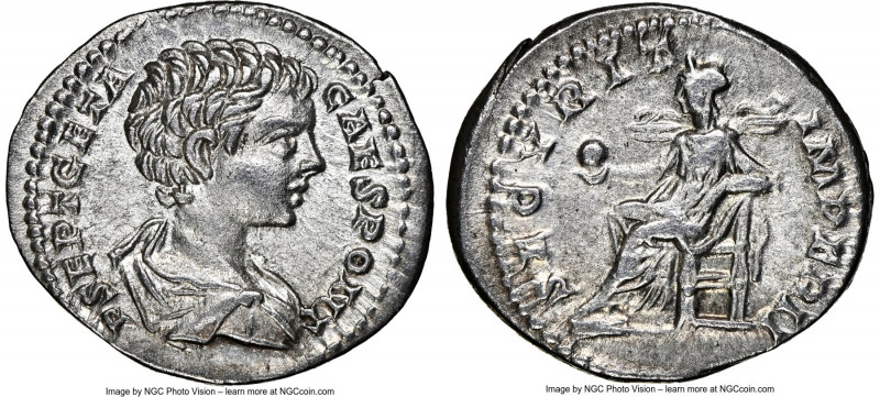 Geta (AD 209-211). AR denarius (19mm, 3.19 gm, 12h). NGC AU 4/5 - 4/5. Rome, AD ...