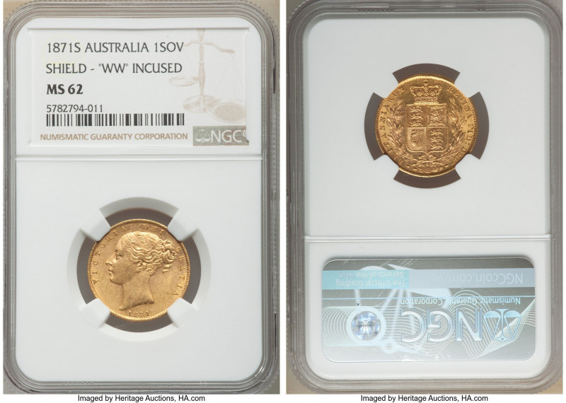 Victoria gold "Shield" Sovereign 1871-S MS62 NGC, Sydney mint, KM6. Incuse "WW" ...