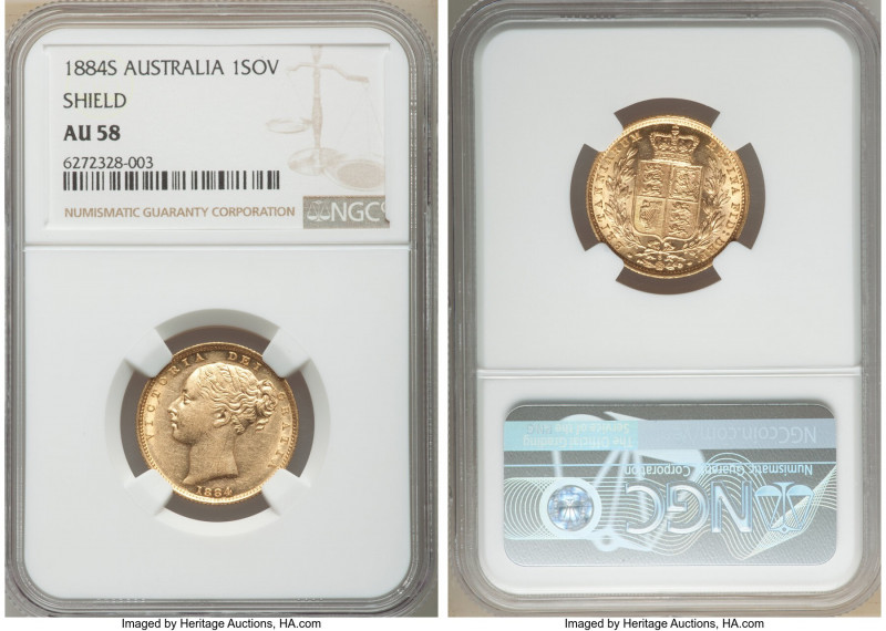 Victoria gold "Shield" Sovereign 1884-S AU58 NGC, Sydney mint, KM6. AGW 0.2355 o...