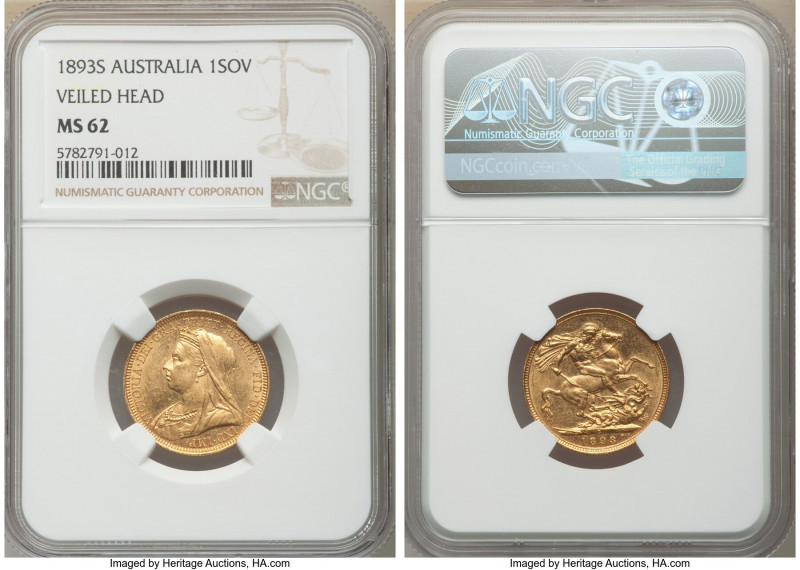 Victoria gold "Veiled Head" Sovereign 1893-S MS62 NGC, Sydney mint, KM13, S-3877...