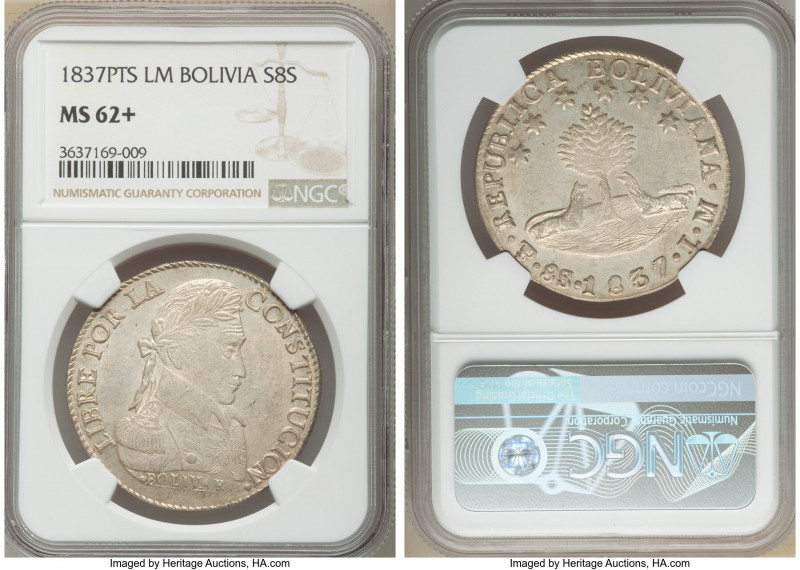 Republic 8 Soles 1837 PTS-LM MS62+ NGC, Potosi mint, KM97. Lustrous fields dress...