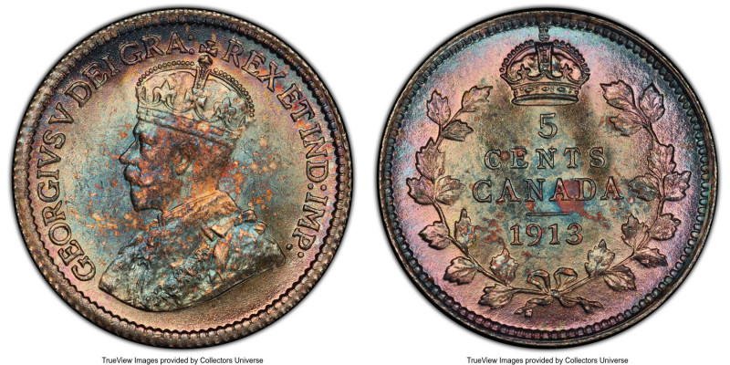 George V 5 Cents 1913 MS66+ PCGS, Ottawa mint, KM22. Cranberry and turquoise ton...