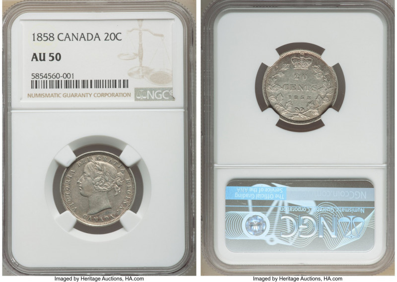 Victoria 20 Cents 1858 AU50 NGC, London mint, KM4. One year type. 

HID0980124...