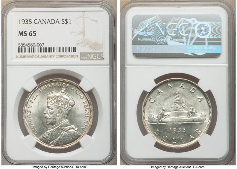 George V Dollar 1935 MS65 NGC, Royal Canadian mint, KM30. Lustrous with taupe-go...