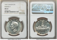 George VI "Pointed 7 - Doubled HP" Dollar 1947 MS63 NGC, Royal Canadian mint, KM37. Pointed 7, Double "HP" variety. Saffron tinted periphery. 

HID0...