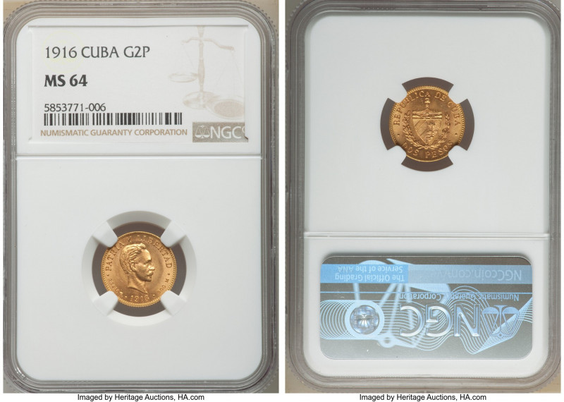 Republic gold 2 Pesos 1916 MS64 NGC, Philadelphia mint, KM17. Two year type. 
...