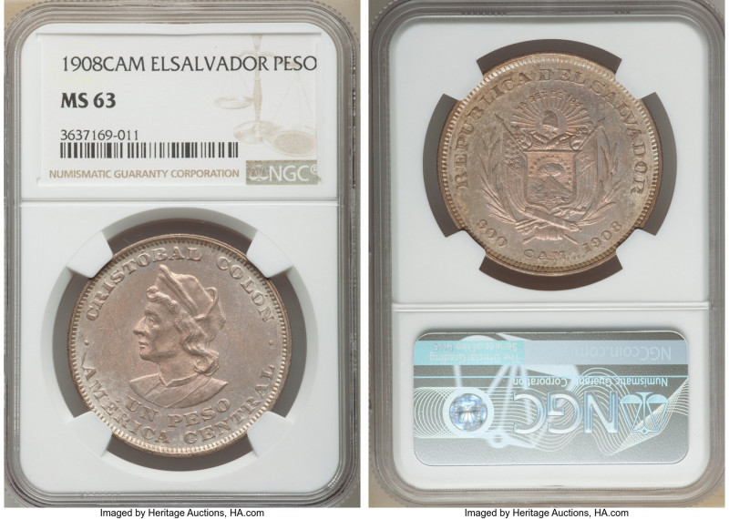 Republic Peso 1908-C.A.M. MS63 NGC, San Salvador mint, KM115.1. Heavily toned in...