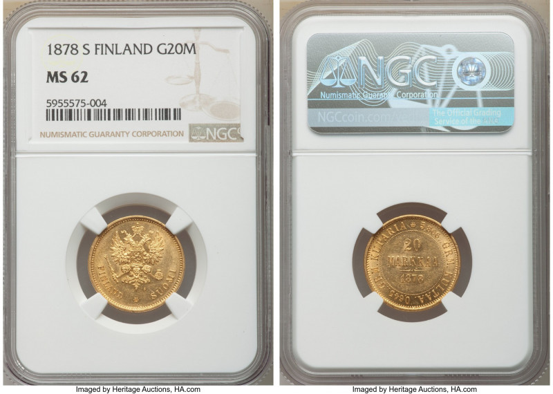 Russian Duchy. Alexander II gold 20 Markkaa 1878-S MS62 NGC, Helsinki mint, KM9....