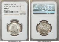 Baden. Friedrich I 2 Mark 1907 MS67+ NGC, Karlsruhe mint, KM278, J-36. Issued to commemorate the Death of Friedrich. Lovely frosted satin surface with...
